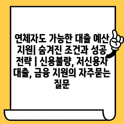 연체자도 가능한 대출 예산 지원| 숨겨진 조건과 성공 전략 | 신용불량, 저신용자 대출, 금융 지원